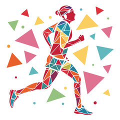 Obraz premium A vibrant image featuring the silhouette of a running person, decorated in a geometric pattern with a colorful background of triangles, evoking energy, motion, and modern graphic art style.