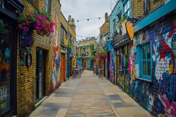 Fototapeta premium Colorful street art adorns a narrow, brick alleyway with vibrant shops and hanging plants.