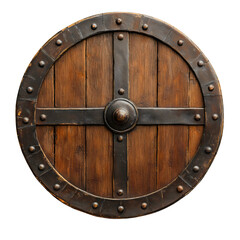 Fototapeta premium Vintage Medieval Wooden Round Shield Isolated with Rustic Iron Rivets isolated
