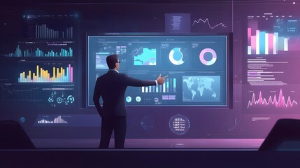 Businessman analyzing data on large interactive display screen