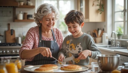 Grandmother and grandson smiling while cooking pancakes together in a cozy kitchen