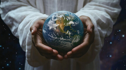 Sacred earth divine creation, spiritual globe faith journey, holy christian world embrace, peaceful religious universe connection, Jesus holding