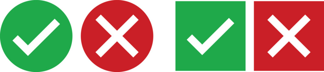 Check mark icon button set. Isolated checkmark symbol, right and wrong sign concept. Check box icon with right and wrong buttons and yes or no checkmark icons in green tick box and red cross.  © Zainab