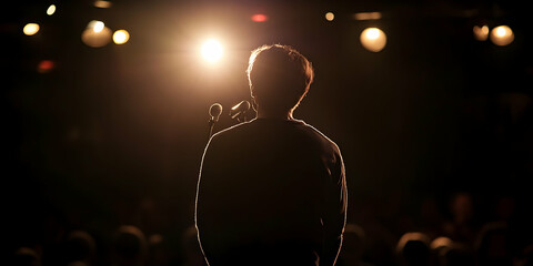 Stand-up performance with a comedian on stage, illuminated mic under dim lighting