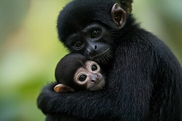 Obraz premium A mother gibbon tenderly cradles her baby.