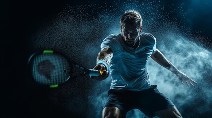 Intense tennis player in action, dynamic pose with racket, dust and motion blur.