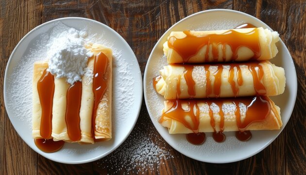 Delicious Chilean Panqueques with Dulce de Leche and Powdered Sugar on Wooden Table
