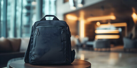 Stylish black backpack displayed on a table with a modern interior setting in the background
