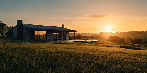 Obraz premium Modern house on grassy hill at sunset.