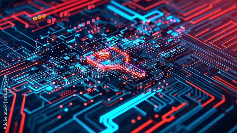 Poster digital key circuit board glowing lines and nodes in futuristic cybersecurity technology with vibran