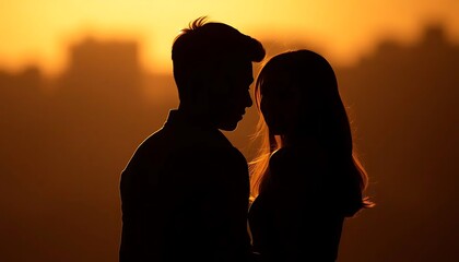 Silhouettes of young Asian couple Emotional connection Turn your back so you can't see your face with the background scene is the sea.