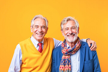 Elderly men smiling in colorful outfits against orange background, friendship