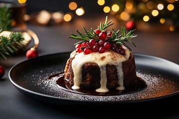 National plum pudding day, ich plum pudding with a glossy finish, topped with sprigs of rosemary and bright red berries, served on a black plate with a side of creamy custard, February 12