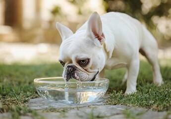 Fototapeta premium Adorable French Bulldog Puppy Drinking Water Outdoors