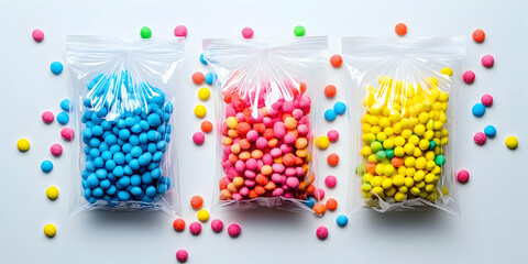 Naklejka premium Three transparent bags with colorful sugar-coated candies on a clean white surface