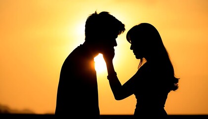 Silhouettes of young Asian couple Emotional connection Turn your back so you can't see your face with the background scene is the sea.
