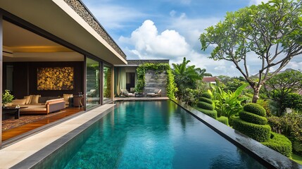 Obraz premium Luxury villa with infinity pool, modern architecture, tropical garden view.