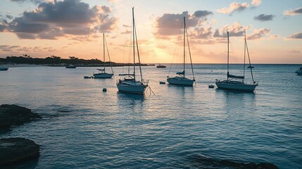 Sailboats at sunset in calm ocean waters.