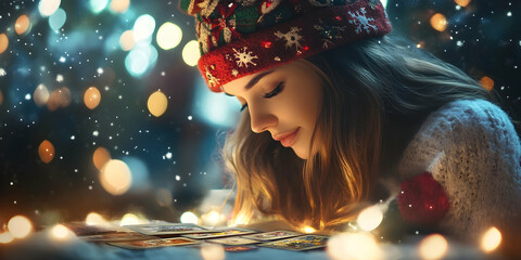 Woman wearing a festive hat gazing at tarot cards with a glowing holiday backdrop