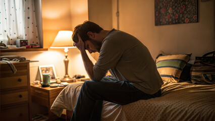 Fototapeta premium Man Sitting on Bed, Holding Head in Hands and Struggling with Emotional Stress