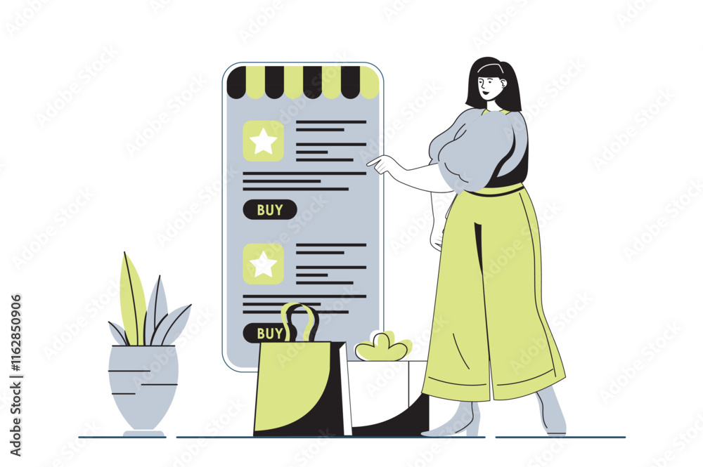 Aufkleber mobile commerce web concept with flat cartoon people for website design. woman ordering at internet 