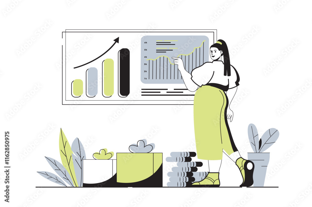 Poster sales performance web concept with flat cartoon people for website design. woman analyzing financial
