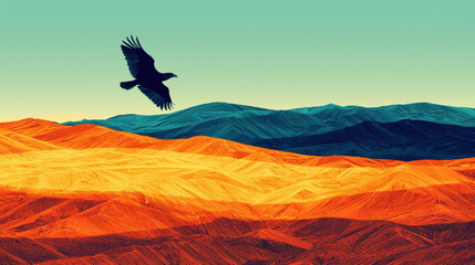 A silhouette of a bird soars over vibrant, colorful mountains under a clear sky, capturing the beauty of nature and freedom.
