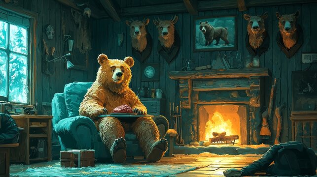 bear relaxes in chair fireplace savoring steak on plate. Hunters' heads adorn walls showcasing humorous reversal of roles in hunting inspired setting.