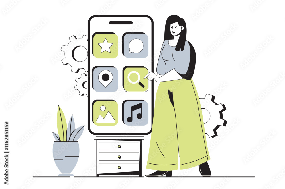 Fototapete App development web concept with flat cartoon people for website design. Woman creating mobile interface layout with app buttons, places graphic elements and making settings. Vector illustration.