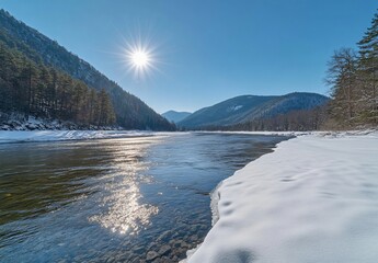 Majestic Winter River Landscape: Snow-Covered Banks, Sunlit Water, and Mountain Views