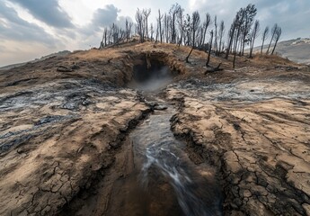 Mystic Cave Stream: Post-Apocalyptic Landscape with Burned Trees
