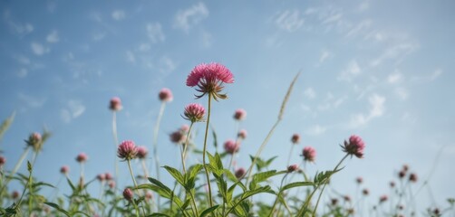 Delicate red clover flower against a clear blue sky on a sunny day, field, landscape