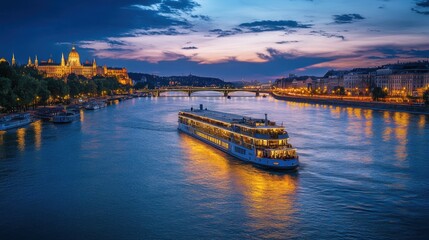 Naklejka premium Budapest Twilight Danube River Cruise, Parliament Building, Cityscape