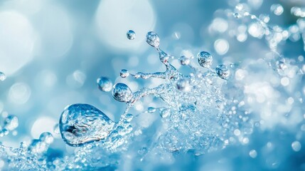 Crystal-clear ice and water droplets with a light blue background