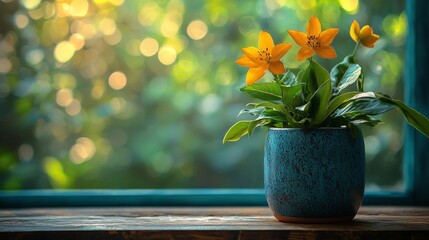 Yellow flowers in a vase by a sunlit window