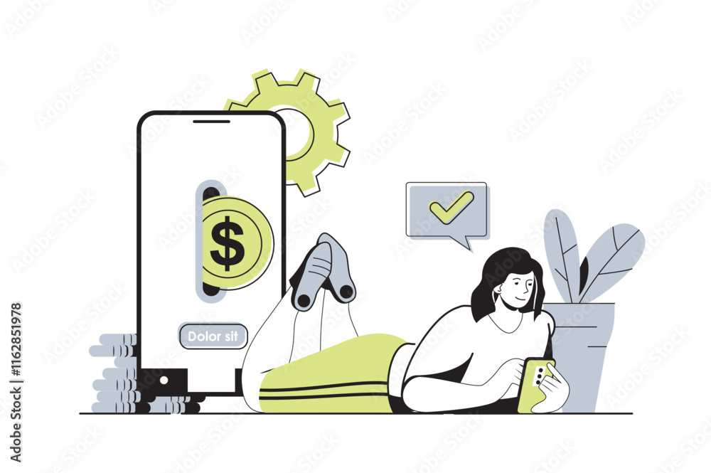 Poster mobile banking web concept with flat cartoon people for website design. woman paying for purchases i