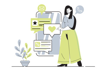 Social media marketing web concept with flat cartoon people for website design. Woman making new posts with advertising information, doing online promotion to audience in app. Vector illustration.