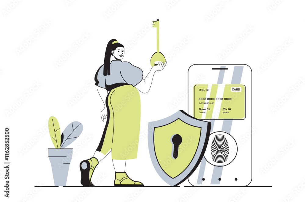 Poster Secure payment web concept with flat cartoon people for website design. Woman paying for purchases with credit card and protection service with fingerprint scan and personal key. Vector illustration.