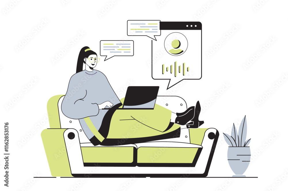 Poster Virtual assistant web concept with flat cartoon people for website design. Woman chatting and speaking with artificial intelligence voice agent from technical support service. Vector illustration.