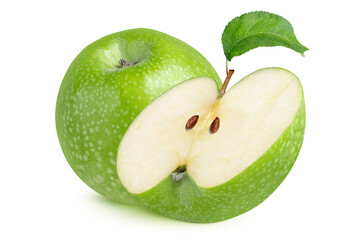 Green apples with leaf on isolated white background. Whole slice with seeds.