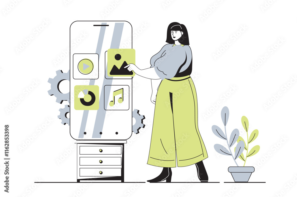 Poster Content manager web concept with flat cartoon people for website design. Woman filling mobile site with video, audio and graphic content, making data analysis and planning posts. Vector illustration.