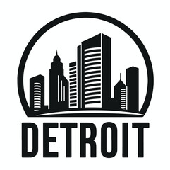 Obraz premium A stylish circular emblem design showcasing Detroit iconic Renaissance Center, highlighting the city's modern architecture and skyline in a clean, symbolic representation