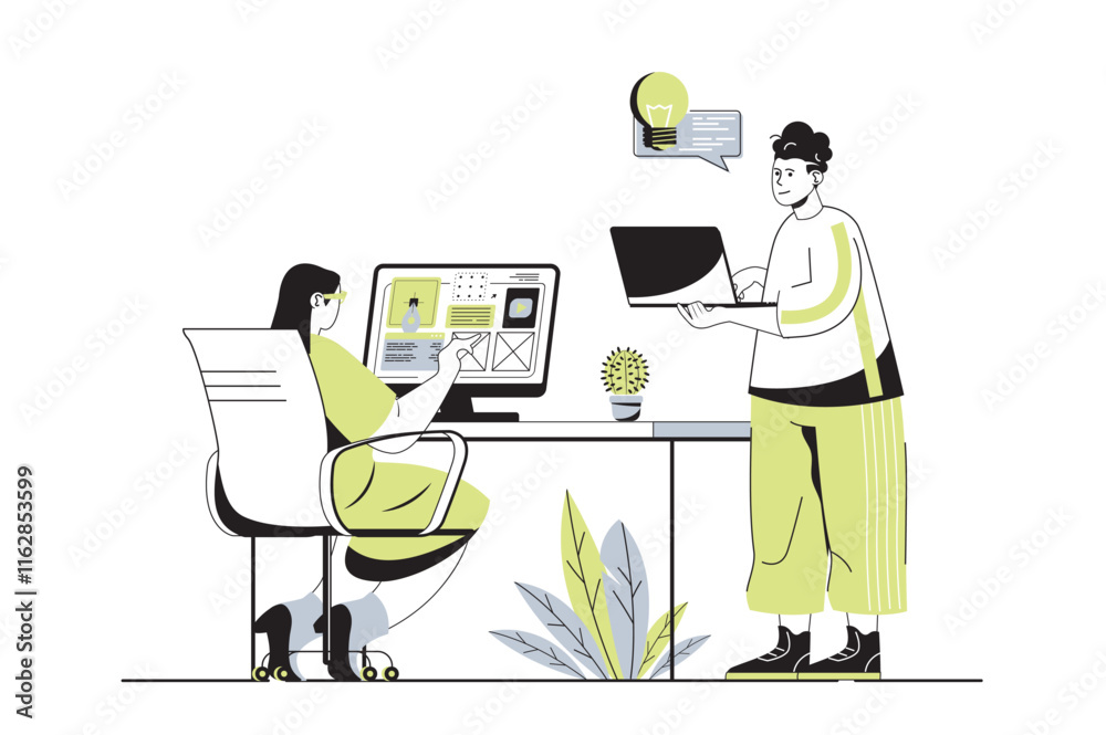 Aufkleber Designer studio web concept with flat cartoon people for website design. Woman and man creating website layouts and drawing graphic elements, generating new ideas and visuals. Vector illustration.