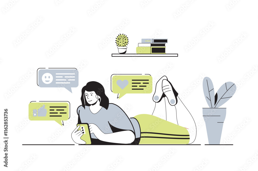 Poster Social network web concept with flat cartoon people for website design. Woman chatting and messaging in mobile app, browsing news feed, making posts and likes, leaving comments. Vector illustration.