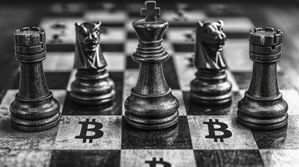 chessboard layout showcases Bitcoin symbols as uniquely designed chess pieces in striking black and white aesthetic. arrangement emphasizes strategy and sophistication through simplicity.