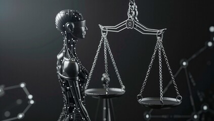 A metallic female robot stands beside scales of justice, symbolizing AI and the law. Dark, moody aesthetic.