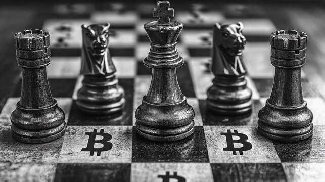 chessboard layout showcases Bitcoin symbols as uniquely designed chess pieces in striking black and white aesthetic. arrangement emphasizes strategy and sophistication through simplicity.