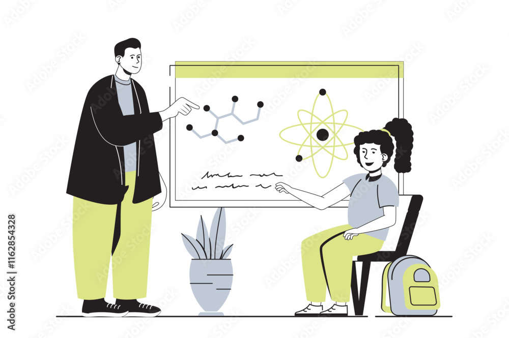 Poster school learning web concept with flat cartoon people for website design. teenage girl studying in cl