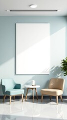 Fototapeta premium modern living room. A mockup of an empty white poster on the wall in modern hospital waiting room with comfortable chairs and medical equipment 