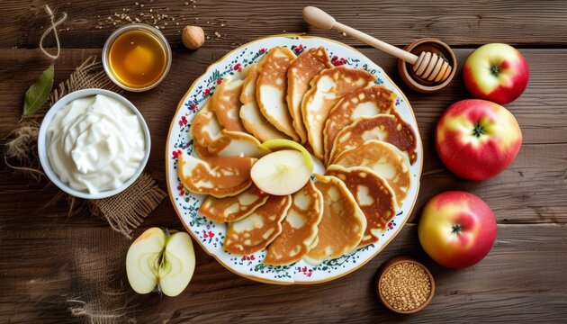 Delicious Belarusian Draniki with Sweet Apples and Honey on Rustic Wooden Table